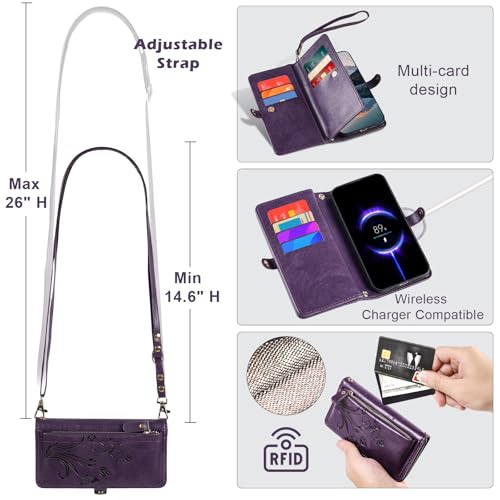 for Google Pixel 9 Pro XL/10 Pro XL Case Wallet,RFID Blocking Card Holder Zipper Leather Flip Cover Crossbody Wrist Strap with Stand (Floral Dark Purple) - color: Floral Dark Purple
