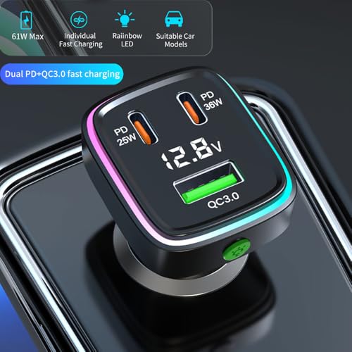 60W Fast Car Charger USB C Quick Charging Adapter PD 36W Fast Charging with Led and Voltage Display for iPhone16 15 X Samsung