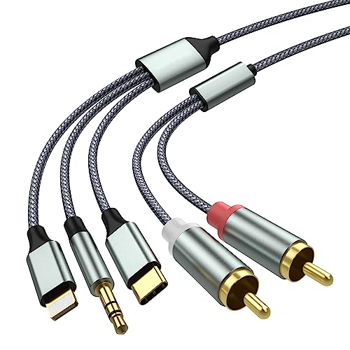 Lightning to RCA Cable Audio Aux Adapter（3.3M）,RCA to 3.5mm Cable，USB C to 2 RCA Audio Cable， (3 in 1 audio cable) for Power Amplifier, Car, Home Theater, Speaker and More(Lightning Compatible)