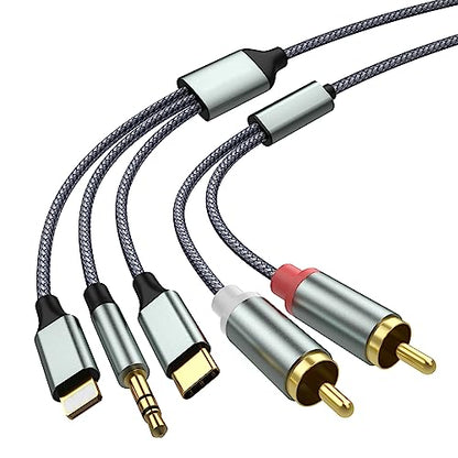 Lightning to RCA Cable Audio Aux Adapter（3.3M）,RCA to 3.5mm Cable，USB C to 2 RCA Audio Cable， (3 in 1 audio cable) for Power Amplifier, Car, Home Theater, Speaker and More(Lightning Compatible)