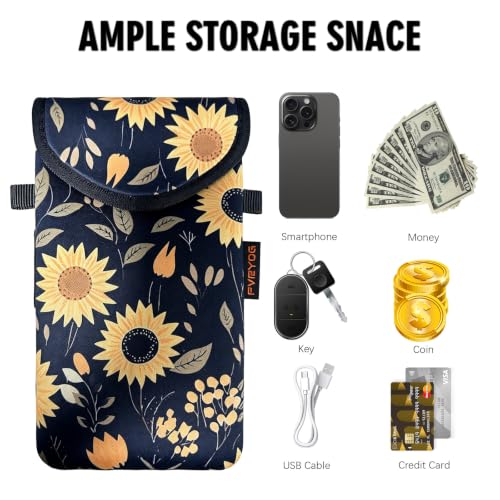 Neoprene Phone Sleeve Pouch Case Bag for Men Women w/Crossbody Strap/Neck Lanyard for iPhone 17/16/15/14 Pro Max, Samsung S25，Pixel 10 - color: Midnight Sunflower