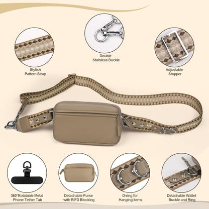 YFWE Clip and Go Phone Strap with Crossbody Wallet, Adjustable Phone Lanyard with Detachable RFID Wristlet Wallet, Anti-Theft Leather Purse with ID Window for Travel Essentials (Khaki) - color: Khaki