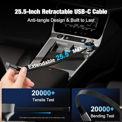 90W USB C Retractable Car Charger Built-in Type-C Cable for iPhone Android
