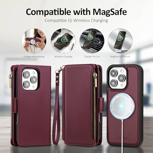Antsturdy Compatible with MagSafe iPhone 16 Pro Max Wallet Case,Wine Red | Detachable Magnetic Credit Card Holder,RFID Blocking,PU Leather Zipper Purse,Wrist Strap Kickstand,Flip Phone Cover for Women - color: (Detachable with Magsafe)-Wine Red