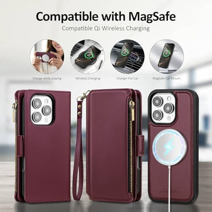 Antsturdy Compatible with MagSafe iPhone 16 Pro Max Wallet Case,Wine Red | Detachable Magnetic Credit Card Holder,RFID Blocking,PU Leather Zipper Purse,Wrist Strap Kickstand,Flip Phone Cover for Women - color: (Detachable with Magsafe)-Wine Red