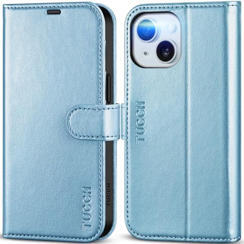 TUCCH Wallet Case for iPhone 15 6.1" 2023, 4 Card Holders, Shiny Light Blue | RFID Blocking, Viewing Stand, Shockproof TPU Shell, PU Leather, Magnetic Closure, Protective Folio Flip Cover - color: Blue - Shiny Blue