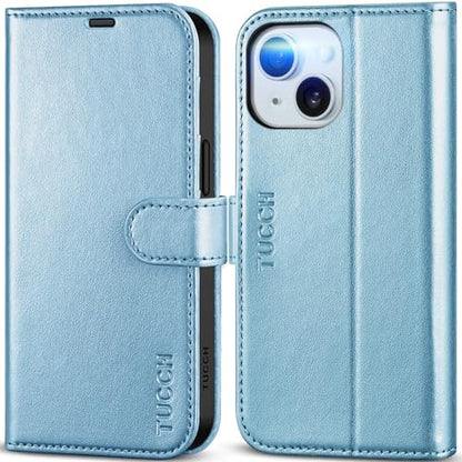 TUCCH Wallet Case for iPhone 15 6.1" 2023, 4 Card Holders, Shiny Light Blue | RFID Blocking, Viewing Stand, Shockproof TPU Shell, PU Leather, Magnetic Closure, Protective Folio Flip Cover - color: Blue - Shiny Blue