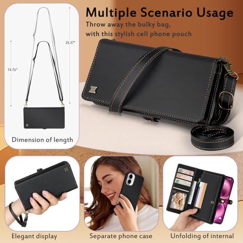 for Wallet Case Compatible with iPhone 16 Plus,Multi-Function Detachable 2 in 1 Magnetic iPhone 16 Plus Case Wallet,Flip Strap Zipper Card Holder Phone Case with Shoulder Straps (Black) - color: Black, size: iPhone 16 Plus