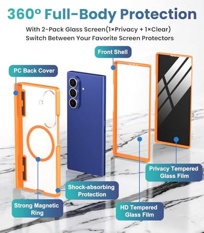 Magnetic Phone Case for Samsung Galaxy Z Fold 7, Fit for MagSafe | Full-body Case with 2 Pack Front Frame,Built-in Glass Screen Protector【Privacy & HD Clear】Shockproof Hinge Protective,Orange