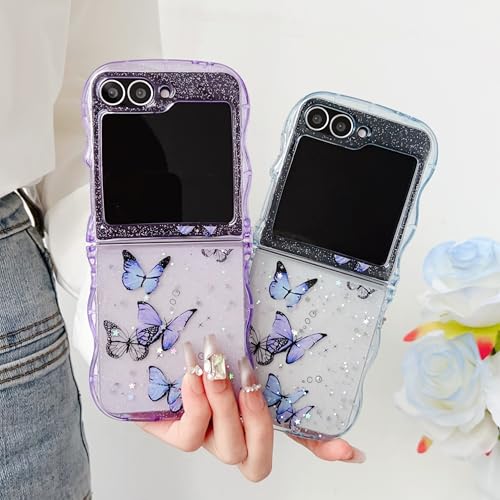 UEEBAI Wave Butterfly Case for Samsung Galaxy Z Flip 5/Z Flip 6/Z Flip 7 FE 5G Case, Pretty Bling Star Butterfly Cute Shiny Glitter Phone Cover Bling Clear Cover Curly Shockproof Girly - Blue - color: Blue, size: Z Flip 7 FE/Z Flip 6/Z Flip 5 5G