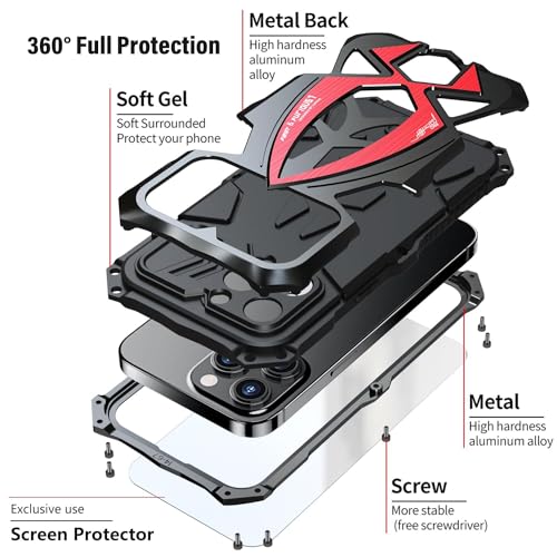 Armor Phone Case for iPhone 15 Pro Max Military Grade Drop Tested 360 Full Protection Cover Heavy Duty Hybrid Metal Bumper Built-in Silicone Shockproof Dustproof with Screen Protector - Black | Armor Heavy Duty, Full Body Cover, Aluminium Bumper, Built-in