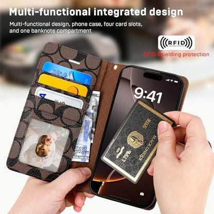 Luxury Designer Wallet Case for iPhone 16 Pro Max, Magnetic Detachable Cover with Card Slots, Kickstand, Wrist Strap, Smartish PU Leather, 6.9 Inch,Brown