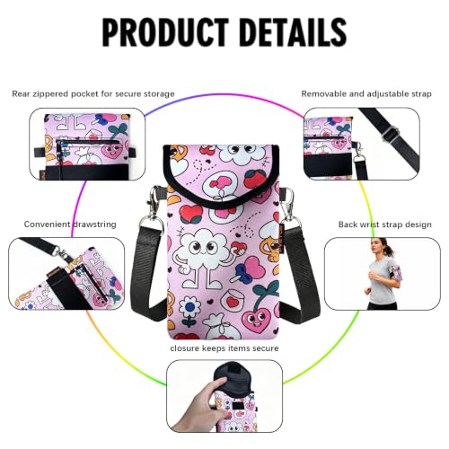 Neoprene Phone Sleeve Pouch Case Bag for Men Women w/Crossbody Strap/Neck Lanyard for iPhone 17/16/15/14 Pro Max, Samsung S25，Pixel 10 - color: Pink Cute Cartoon Hearts