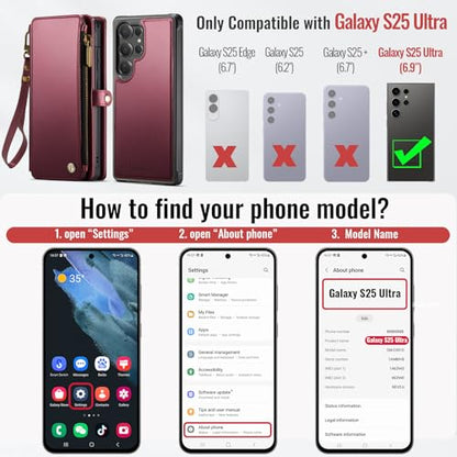 Defencase for Galaxy S25 Ultra Case Wallet Compatible with Magsafe, WineRed | Magnetic Detachable, RFID Bolcking Card Holder, Zipper Strap, PU Leather Drop-Proof Phone Cover for Samsung Galaxy S25 Ultra - color: (Detachable with Magsafe)-Wine Red