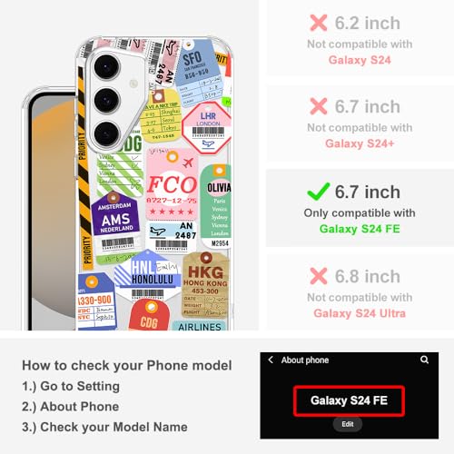 MOSNOVO Case for Samsung Galaxy S24 FE, [Buffertech 6.6ft Military-Grade Drop Protection] [Anti Peel Off Tech] Clear TPU Bumper Phone Case Cover Design - Air Ticket Labels - color: Clear - Air Ticket Labels, size: Samsung Galaxy S24 FE