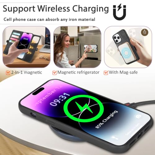 for Wallet Case Compatible with iPhone 14 Pro Max,Multi-Function Detachable 2 in 1 Magnetic iPhone 14ProMax Case Wallet,Flip Strap Zipper Card Holder Phone Case with Shoulder Strap(Darkgray) - color: DarkGray, size: iPhone 14 pro max
