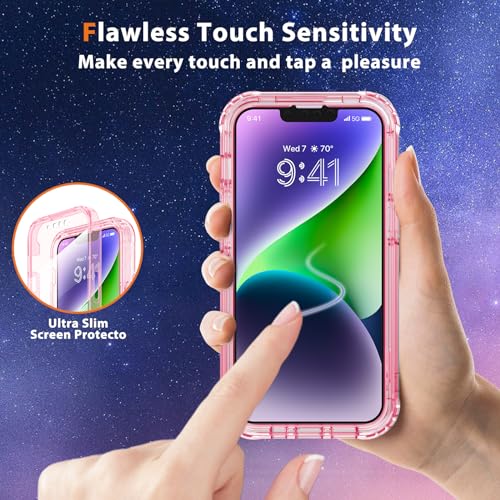 Lifedance iPhone 14/13 Case, Full-Body Rugged Protective Case with Built-in Screen Protector, 10 FT Military Grade Drop Protection, Heavy Duty Shockproof, Clear Pink - color: Clear Pink, size: iPhone 14/13