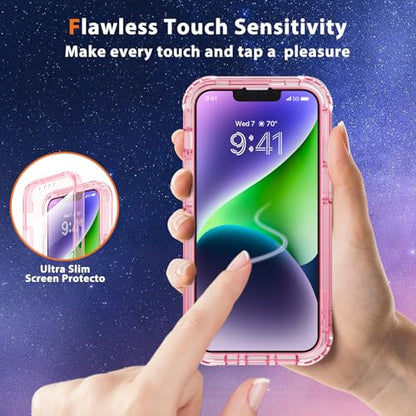 Lifedance iPhone 14/13 Case, Full-Body Rugged Protective Case with Built-in Screen Protector, 10 FT Military Grade Drop Protection, Heavy Duty Shockproof, Clear Pink - color: Clear Pink, size: iPhone 14/13