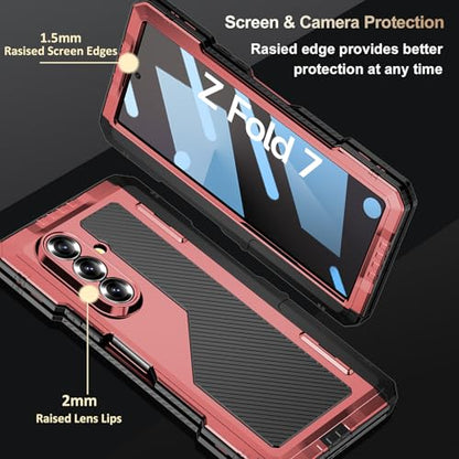 Rugged Armor Case for Samsung Galaxy Z Fold 7 5G, Military Grade Shockproof Protective with Kickstand, Built-in Screen Protector, Metal Bumper & Full Hinge Protection Cover, Red - color: Red
