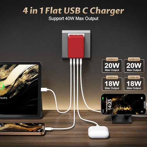 Flat USB C Wall Plug 2Pack 40W Foldable Slim Fast Charging Block - color: Red | 2-Pack | 4-Port