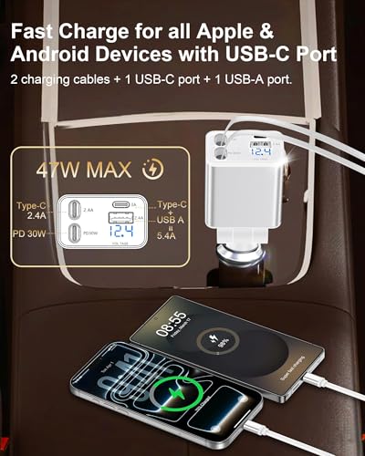 Retractable Car iPhone Charger USB C, Fast Car Charging Adapter USBC - color: White
