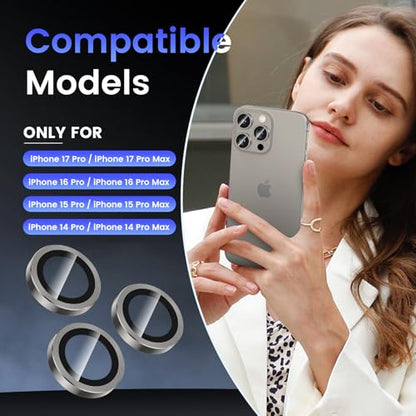 Tensea Camera Lens Protector for iPhone 15 Pro/Pro Max, 9H Tempered Glass, Metal Ring for 6.1/6.7 inch - color: Titanium