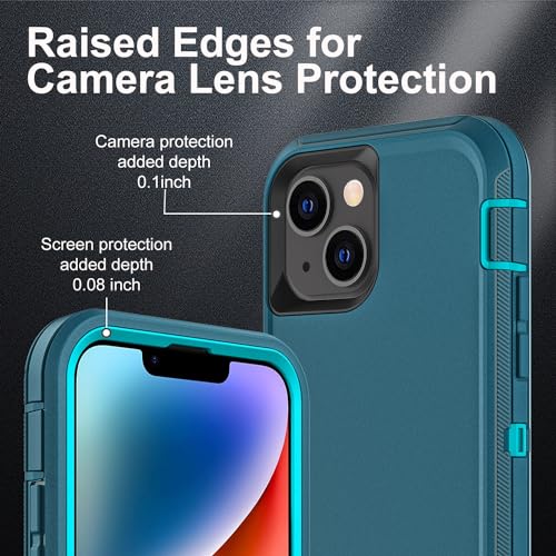 YKHJKLEC Military Grade 3 in 1 Heavy Duty Case for iPhone 13/14 - Shockproof, Drop Proof, Dust Proof With 2Pcs Tempered Glass Screen Protector (Blue/Turquoise) - color: Blue/Turquoise