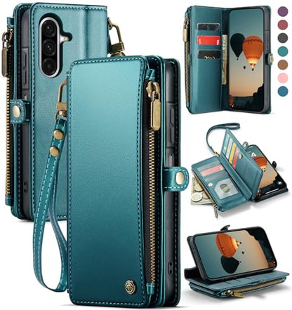 Defencase for Samsung Galaxy A36 5G Wallet Case with Card Holder, Bluegreen | RFID Blocking, Zipper Pocket, Durable PU Leather, Wrist Strap, Fashion Snap Flip Phone Cases Cover with Stand for Women Men - color: Blue Green