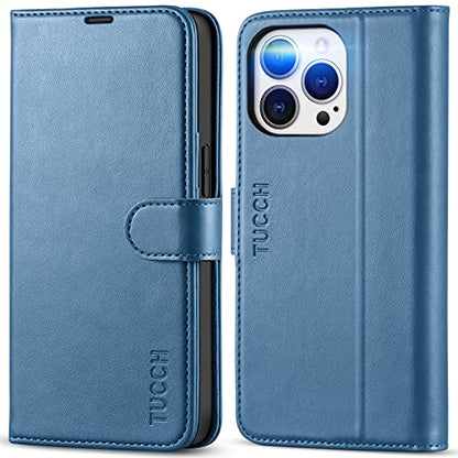 TUCCH Wallet Case for iPhone 13 Pro (6.1") 2021, 3 Card Slots, Lake Blue | RFID Blocking, Viewing Stand, Shockproof TPU Shell, PU Leather, Magnetic Closure, Protective Folio Flip Cover - color: Light Blue