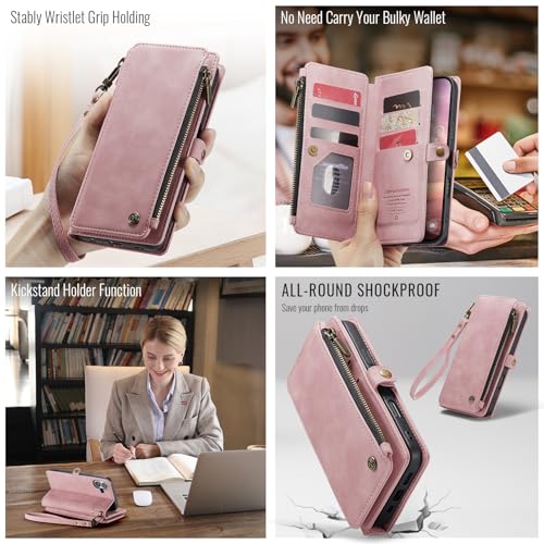 Defencase for iPhone 17 Wallet Case with RFID Blocking Card Holder, Pink | Durable Soft PU Leather, with Zipper Pocket, Wrist Strap, Fashion Snap Flip Phone Cases Cover with Stand for Women and Men - color: Rose Pink