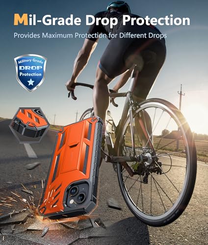 FNTCASE for iPhone 15 Plus Case, Built-in Screen Protector, Kickstand | Military-Grade Drop Protection, Anti-Slip Matte Textured, Rugged Heavy Duty Shockproof TPU Protective Cover - color: Orange