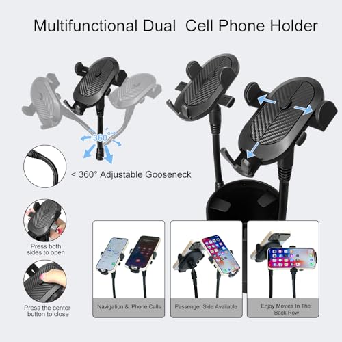 JINKEY Dual Cup Holder Phone Mount for Car, 2-in-1 Car Cup Holder Expander with Adjustable Gooseneck, 360° Rotating Cell Phone Holder, Adjustable Base for 4–6.7 in Smartphones