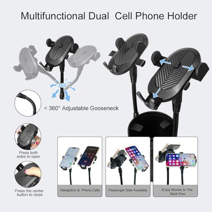 JINKEY Dual Cup Holder Phone Mount for Car, 2-in-1 Car Cup Holder Expander with Adjustable Gooseneck, 360° Rotating Cell Phone Holder, Adjustable Base for 4–6.7 in Smartphones