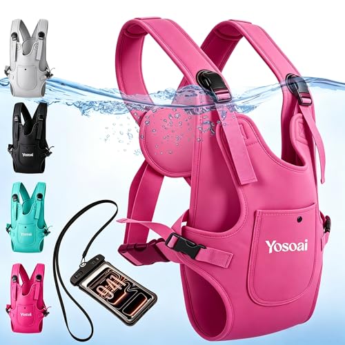 Yosoai Premium Neoprene Water Baby Carrier, Safer Wider 50mm Strap & 60mm Slide Lock Buckle, Ergonomic X+H Back Support, Quick Dry Land & Water Baby Carrier with Waterproof Phone Pouch - color: Hot Pink