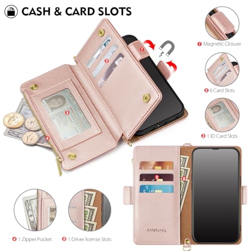 Antsturdy Crossbody Phone Wallet Case for iPhone 13 Pro,Rose Gold | RFID Blocking,PU Leather Flip Cover,Kickstand,with Credit Card Holder,Wrist Strap Lanyard & Handbag Purse,for Women & Men - color: (Crossbody) - Rose Gold
