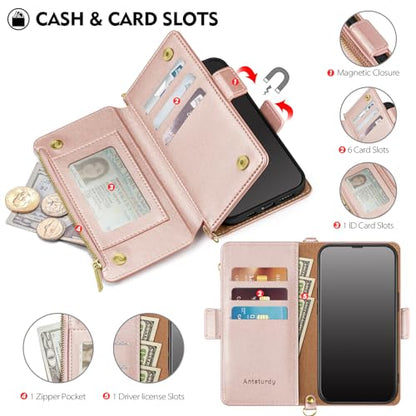Antsturdy Crossbody Phone Wallet Case for iPhone 13 Pro,Rose Gold | RFID Blocking,PU Leather Flip Cover,Kickstand,with Credit Card Holder,Wrist Strap Lanyard & Handbag Purse,for Women & Men - color: (Crossbody) - Rose Gold