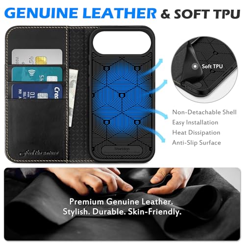 SHIELDON Real Leather Wallet Case for iPhone Air 6.5" 2025, Retro Black | RFID Blocking, Credit Card Holder, Magnetic Closure, Kickstand, Folio Design, Shockproof Phone Cover - color: Retro Black