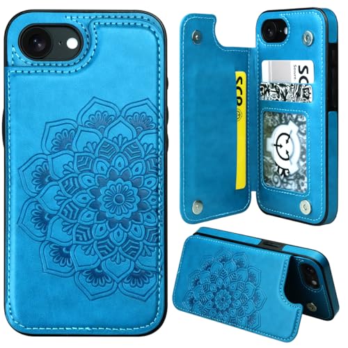 MMHUO for iPhone 17e Case,iPhone 16e Case with Card Holder,Flower Magnetic Buttons Protective Wallet Case for Women for iPhone 16e/17e,Blue - color: Blue, size: for iPhone 16e 6.1"-(S)(One Cameras)