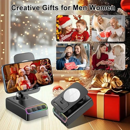 Hupoaf Adjustable Cell Phone Stand with Wireless Induction Bluetooth Speaker, HD Surround Sound for Home and Outdoors, Compatible with iPhone/iPad/Samsung Galaxy, Popular Gifts for Men Women Dad Mom