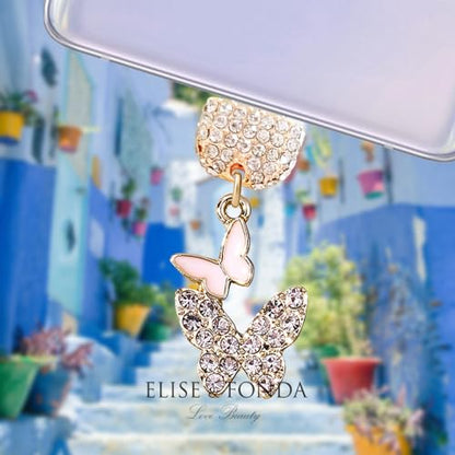 ELISE & FONDA TP273 Type-C USB Charging Port Crystal Anti Dust Plug Little Double Butterflies Cell Phone Charm for Samsung/OnePlus/Xiaomi/oppo Android Phone iPhone 15/16