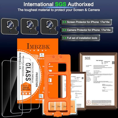 IMBZBK Screen Protector for iPhone 17e / 16e, Tempered Glass, 3+3 Pack - color: 17e,16e-Transparent