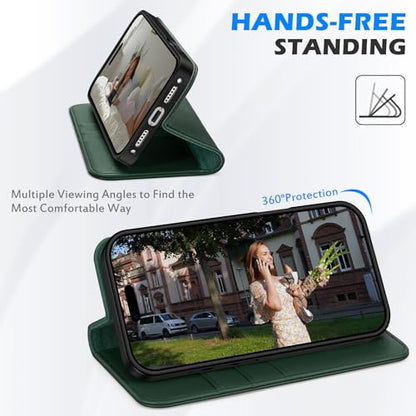 SHIELDON Genuine Leather Wallet Case for iPhone 17 Pro Max 6.9", Evergreen | RFID Blocking, Credit Card Holder, Magnetic Closure, Kickstand, Folio Design, Full Protection, Shockproof Phone Cover - color: Evergreen