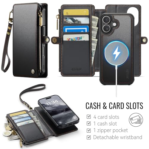 for iPhone 16 - Phone Case Wallet Magnetic Detachable, Black - color: Black, size: iPhone 16