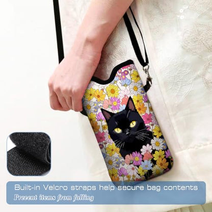 Universal Neoprene Cell Phone Pouch 7.1 X 4 in Mobile Protection Case Bag with Crossbody Strap/Neck Lanyard Black Cat Floral Printed Pattern - color: Black Cat Floral Printed Pattern