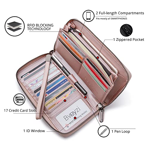 Bveyzi Women RFID Blocking Wallet Leather Zip Around Phone Clutch Large Capacity Ladies Travel Purse Wristlet - color: Rose Gold