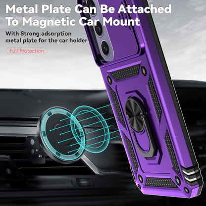 for Samsung Galaxy S24 FE Case with Camera Lens Cover HD Screen Protector, Dual Layer Military-Grade Drop Tested Magnetic Ring Holder Kickstand Protective Phone Case for Galaxy S24 FE (Purple) - color: Purple with camera cover Military-Grade 2nd gen