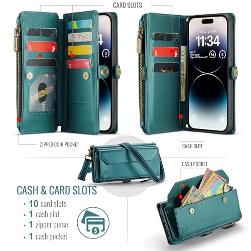 Strapurs Wallet Case Compatible with iPhone 14 Pro Max RFID Blocking 10-Card Holder Soft PU Leather Magnetic Snap Shoulder Strap Zipper Pocket Phone Case Fit for iPhone 14 Pro Max - Blue Green | RFID Blocking 10-Card Holder, Shoulder Lanyard, Wirst Strap,