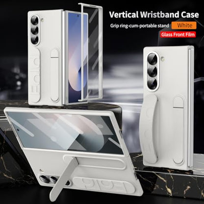 for Samsung Galaxy Z Fold 6 Protect Case with Wristband Stand,Bulit-in Screen & Lens Protection Shockproof Full Body Drop Fall Protection.(White) - color: White