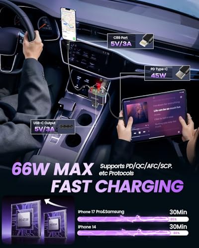 5 in 1 Retractable Car Charger USB C, Car Phone Charger for Dual Cables