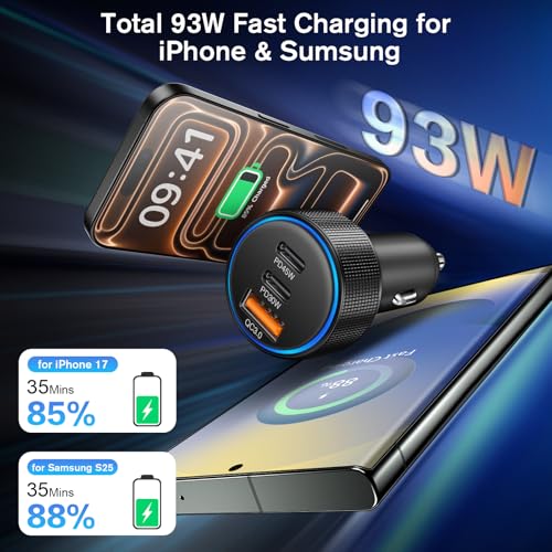 USB C Car Charger, 3-Port 93W Dual USB-C+USB-A Fast Charging Adapter - color: 3 Pack Black